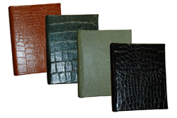 reptile-grain leather 7 x 9 address books, shown in hunter, luggage, black and jade