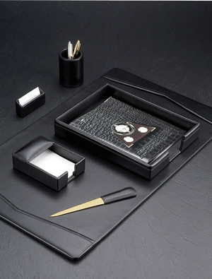 black leather six piece desk set