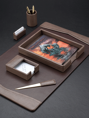brown pebble-grain leather six piece desk set