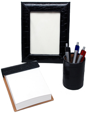 reptile-grain leather medium 3 piece desk set, shown in black alligator