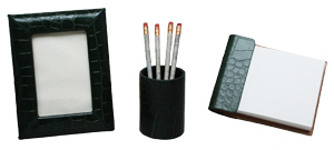 reptile-grain leather small 3 piece desk set, shown in hunter alligator
