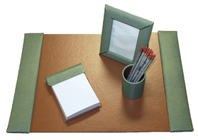 reptile-grain leather small 4 piece desk set, shown in jade pebble lizard